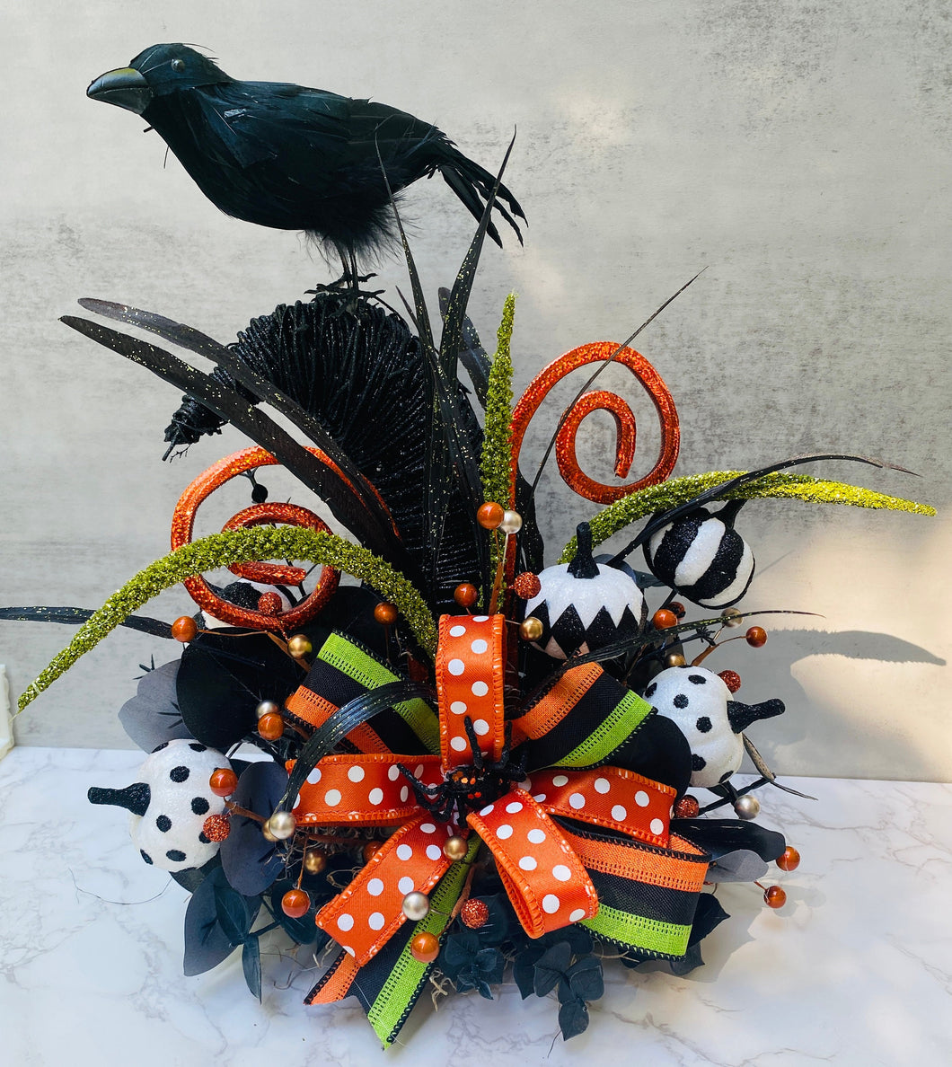 Halloween Table Arrangement, Witch Hat Centerpiece with Black Crow, Cute Pumpkin Halloween Party Decor