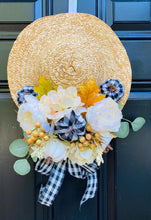 Buffalo Plaid Fall Door Decor, Neutral Straw Hat Door Hanger, Farmhouse Autumn Wall Hanging