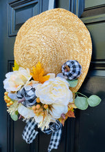 Buffalo Plaid Fall Door Decor, Neutral Straw Hat Door Hanger, Farmhouse Autumn Wall Hanging