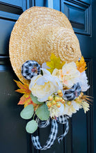 Buffalo Plaid Fall Door Decor, Neutral Straw Hat Door Hanger, Farmhouse Autumn Wall Hanging