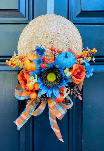 Straw Hat Fall Front Door Decor, Pumpkin & Sunflower Arrangement, Rustic Autumn Wall Hanging