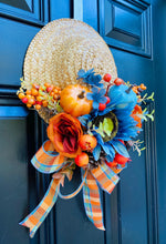 Straw Hat Fall Front Door Decor, Pumpkin & Sunflower Arrangement, Rustic Autumn Wall Hanging
