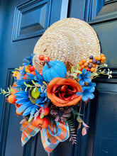 Straw Hat Fall Front Door Decor, Pumpkin & Sunflower Arrangement, Rustic Autumn Wall Hanging
