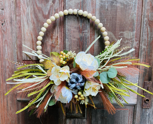 Natural Wood Bead Wreath for Front Door, Boho Fall Farmhouse Style Wall Decor, Minimalist Floral Buffalo Plaid Door Hanger