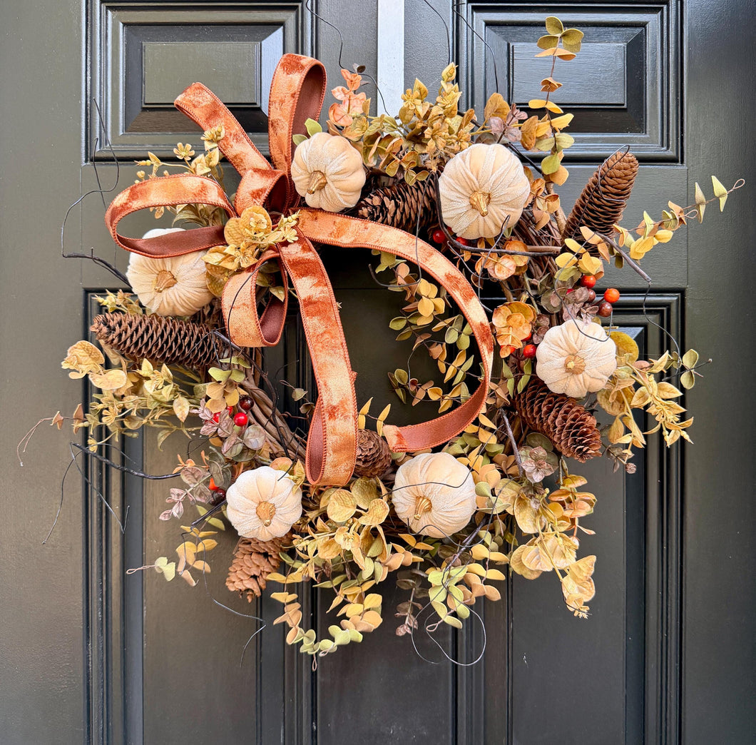 Fall Pumpkin Wreath for Front Door, Neutral Autumn Wreath, Rustic Woodland Fall Decor, White Pumpkin Pinecone Wreath, Thanksgiving Decor