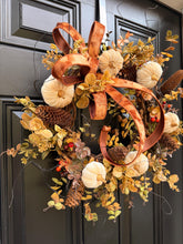 Fall Pumpkin Wreath for Front Door, Neutral Autumn Wreath, Rustic Woodland Fall Decor, White Pumpkin Pinecone Wreath, Thanksgiving Decor