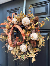 Fall Pumpkin Wreath for Front Door, Neutral Autumn Wreath, Rustic Woodland Fall Decor, White Pumpkin Pinecone Wreath, Thanksgiving Decor