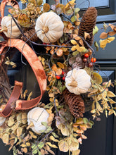 Fall Pumpkin Wreath for Front Door, Neutral Autumn Wreath, Rustic Woodland Fall Decor, White Pumpkin Pinecone Wreath, Thanksgiving Decor