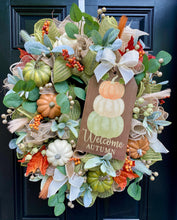 Welcome Fall Pumpkin Wreath For Front Door, Autumn Deco Mesh Wreath for Front Porch with Lambs Ear and Eucalyptus Greenery