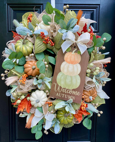 Welcome Fall Pumpkin Wreath For Front Door, Autumn Deco Mesh Wreath for Front Porch with Lambs Ear and Eucalyptus Greenery