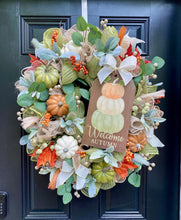 Welcome Fall Pumpkin Wreath For Front Door, Autumn Deco Mesh Wreath for Front Porch with Lambs Ear and Eucalyptus Greenery