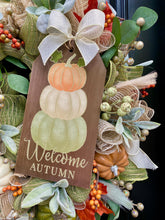 Welcome Fall Pumpkin Wreath For Front Door, Autumn Deco Mesh Wreath for Front Porch with Lambs Ear and Eucalyptus Greenery