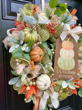 Welcome Fall Pumpkin Wreath For Front Door, Autumn Deco Mesh Wreath for Front Porch with Lambs Ear and Eucalyptus Greenery