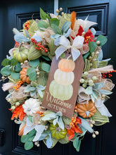 Welcome Fall Pumpkin Wreath For Front Door, Autumn Deco Mesh Wreath for Front Porch with Lambs Ear and Eucalyptus Greenery