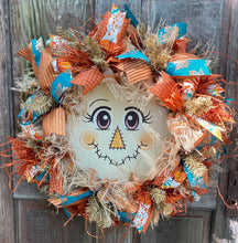 Scarecrow Wreath For Front Door, Fall Burlap Wreath for Front Porch, Autumn Decor with Raffia