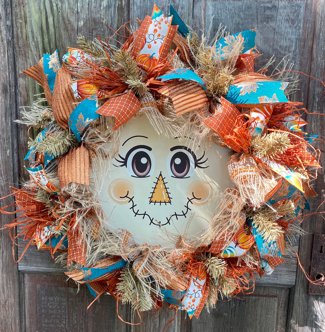 Scarecrow Wreath For Front Door, Fall Burlap Wreath for Front Porch, Autumn Decor with Raffia