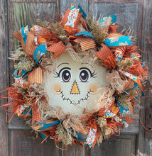 Scarecrow Wreath For Front Door, Fall Burlap Wreath for Front Porch, Autumn Decor with Raffia