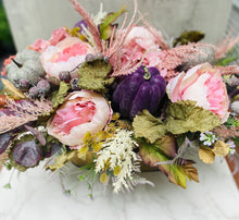 Purple Pumpkin Fall Centerpiece, Blush Floral Arrangement, Thanksgiving Table Decor, Autumn Flower Box