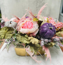 Purple Pumpkin Fall Centerpiece, Blush Floral Arrangement, Thanksgiving Table Decor, Autumn Flower Box