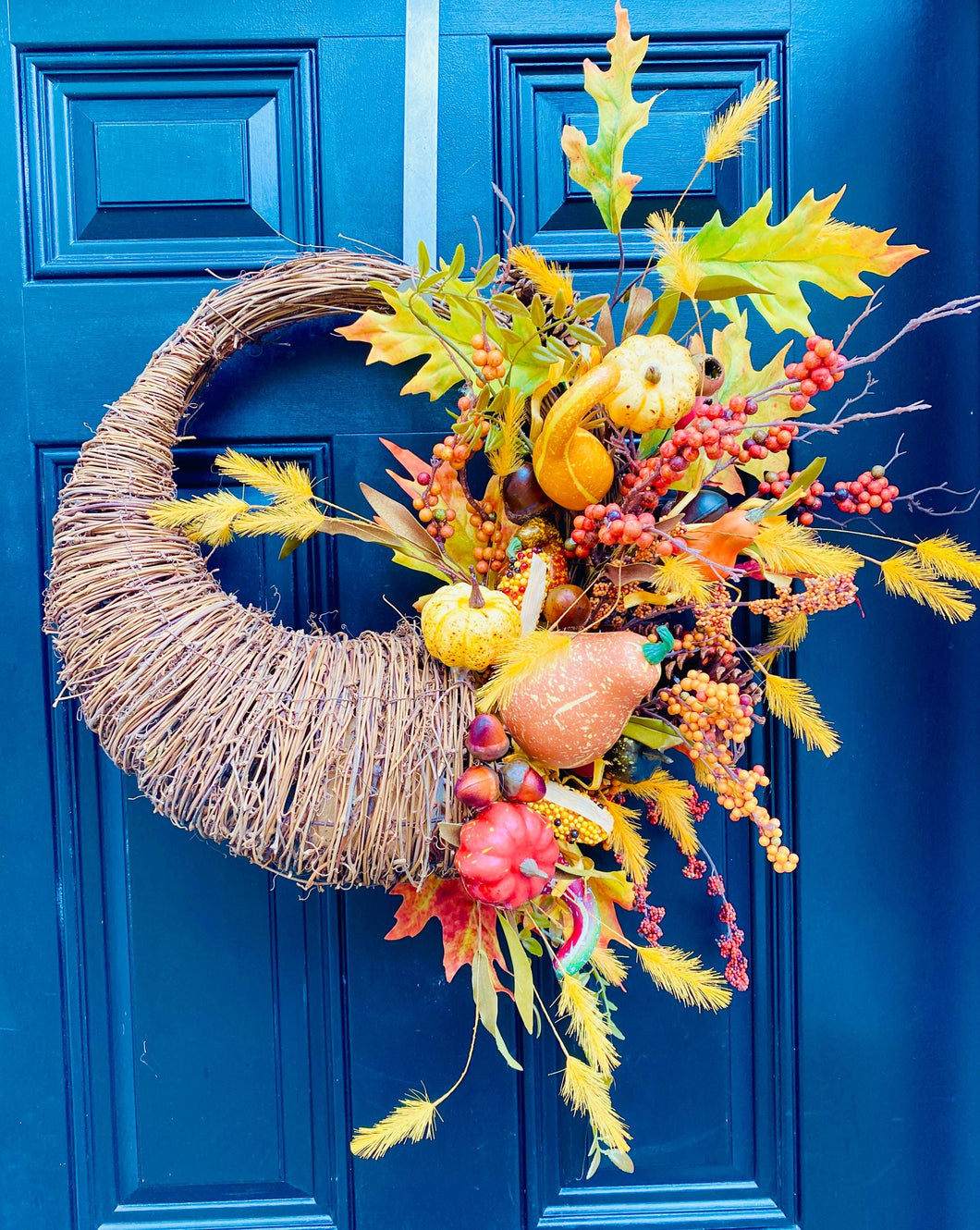 Fall Cornucopia Wreath, Thanksgiving Door Decor With Pumpkins Gourds Autumn Leaves and Berries