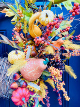 Fall Cornucopia Wreath, Thanksgiving Door Decor With Pumpkins Gourds Autumn Leaves and Berries