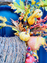 Fall Cornucopia Wreath, Thanksgiving Door Decor With Pumpkins Gourds Autumn Leaves and Berries
