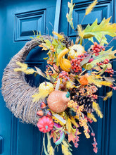 Fall Cornucopia Wreath, Thanksgiving Door Decor With Pumpkins Gourds Autumn Leaves and Berries