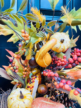 Fall Cornucopia Wreath, Thanksgiving Door Decor With Pumpkins Gourds Autumn Leaves and Berries