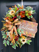 Fall Grapevine Floral Wreath with Welcome Sign, Sunflowers and Velvet Bow – Thanksgiving Front Door Decor