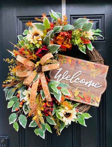 Fall Grapevine Floral Wreath with Welcome Sign, Sunflowers and Velvet Bow – Thanksgiving Front Door Decor