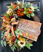 Fall Grapevine Floral Wreath with Welcome Sign, Sunflowers and Velvet Bow – Thanksgiving Front Door Decor