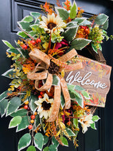 Fall Grapevine Floral Wreath with Welcome Sign, Sunflowers and Velvet Bow – Thanksgiving Front Door Decor