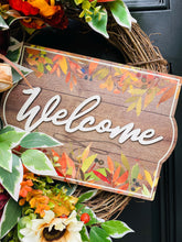 Fall Grapevine Floral Wreath with Welcome Sign, Sunflowers and Velvet Bow – Thanksgiving Front Door Decor