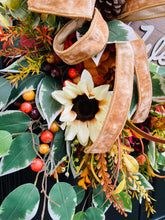 Fall Grapevine Floral Wreath with Welcome Sign, Sunflowers and Velvet Bow – Thanksgiving Front Door Decor