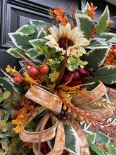 Fall Grapevine Floral Wreath with Welcome Sign, Sunflowers and Velvet Bow – Thanksgiving Front Door Decor