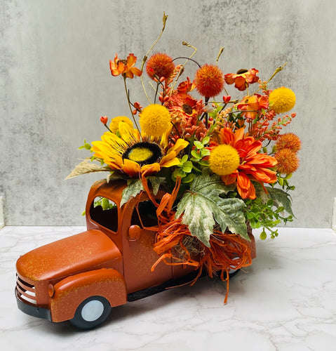Fall Truck Flower Arrangement, Vintage Truck Table Centerpiece