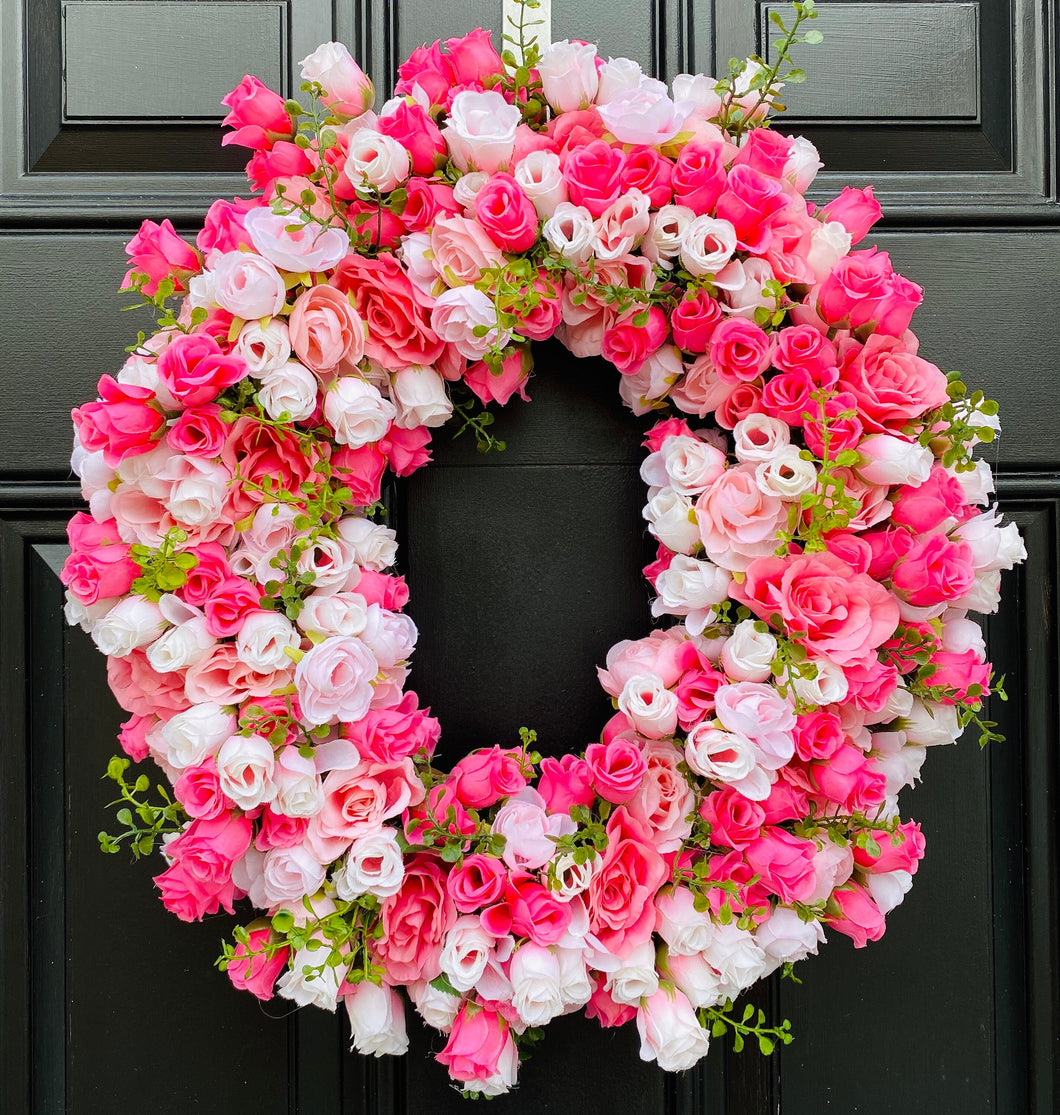 Pink Mini Rose Wreath on Grapevine, Floral Mothers Day Decor, Spring Front Door Wreath, Year Round Wall Decor, Bridal Shower Decor