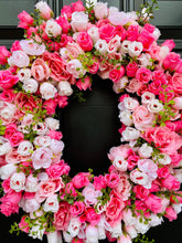 Pink Mini Rose Wreath on Grapevine, Floral Mothers Day Decor, Spring Front Door Wreath, Year Round Wall Decor, Bridal Shower Decor
