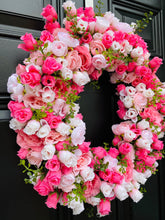Pink Mini Rose Wreath on Grapevine, Floral Mothers Day Decor, Spring Front Door Wreath, Year Round Wall Decor, Bridal Shower Decor