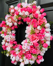 Pink Mini Rose Wreath on Grapevine, Floral Mothers Day Decor, Spring Front Door Wreath, Year Round Wall Decor, Bridal Shower Decor
