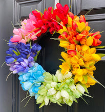 Rainbow Tulip Wreath on Grapevine, Floral Mothers Day Decor, Spring Front Door Wreath, Year Round Wall Decor