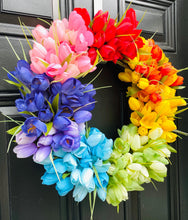 Rainbow Tulip Wreath on Grapevine, Floral Mothers Day Decor, Spring Front Door Wreath, Year Round Wall Decor
