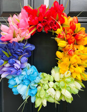 Rainbow Tulip Wreath on Grapevine, Floral Mothers Day Decor, Spring Front Door Wreath, Year Round Wall Decor