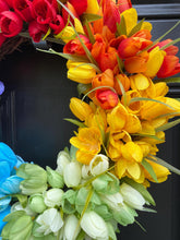 Rainbow Tulip Wreath on Grapevine, Floral Mothers Day Decor, Spring Front Door Wreath, Year Round Wall Decor