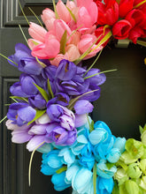 Rainbow Tulip Wreath on Grapevine, Floral Mothers Day Decor, Spring Front Door Wreath, Year Round Wall Decor