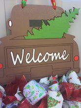 Christmas Tree Truck Welcome Door Hanger with Christmas Ribbon