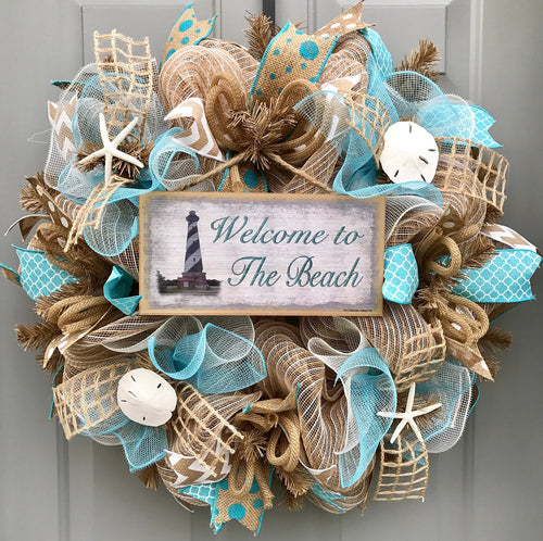 Welcome to the Beach Burlap/Deco Mesh Wreath with Sea Shells, Seashell Wreath, Beach Wreath, Starfish Wreath, Lighthouse Wreath