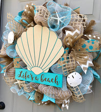 Life's A Beach Burlap Deco Mesh Wreath with Seashells, Seashell Wreath, Beach Wreath, Starfish Wreath