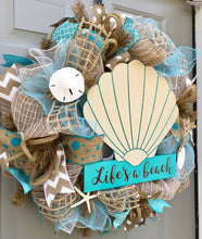 Life's A Beach Burlap Deco Mesh Wreath with Seashells, Seashell Wreath, Beach Wreath, Starfish Wreath