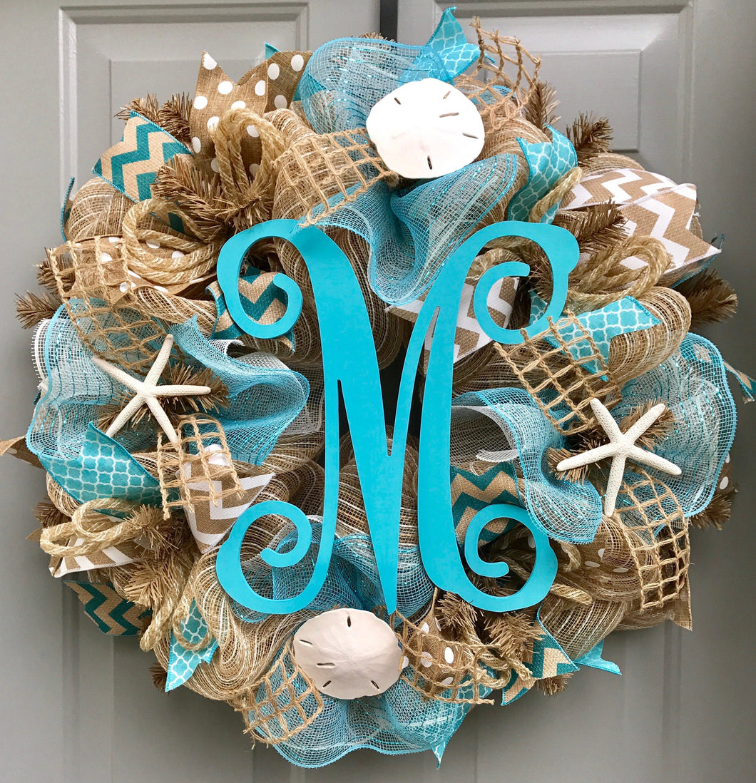 Personalized Beach Wreath, Beach Burlap Deco Mesh Wreath with Monogram, Seashell Wreath, Sea Shell Wreath, Beach Wreath, Starfish Wreath